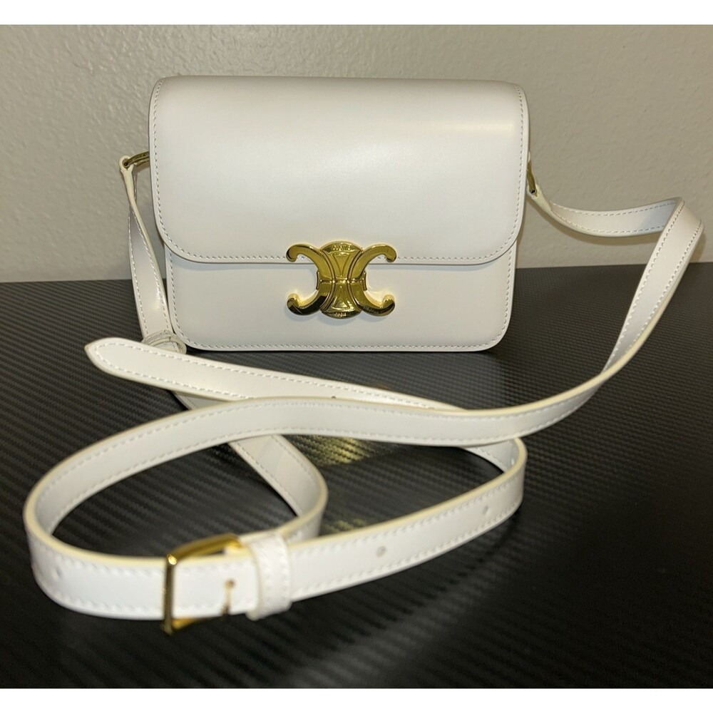 Celine Teen Triomphe Bag White Shiny Calfskin Crossbody Bag w/ Adjustable Strap